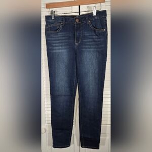 1822 Denim Butter Dark Wash Skinny Gold Stitching Mid Rise Whiskered Jeans Sz 8